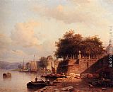 Famous Town Paintings - Numerous Townsfolk On A Quay Of A Town Along The Rhine